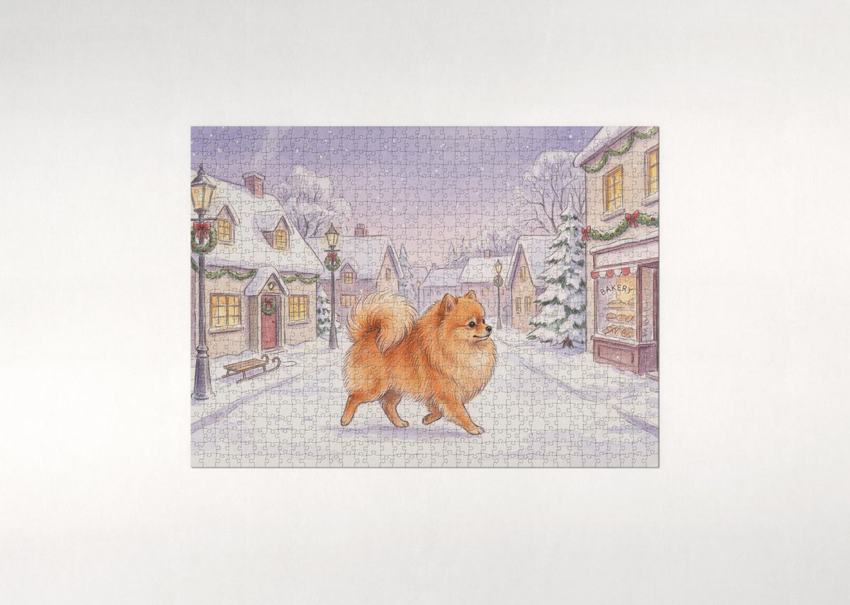 Pomeranian on the Winter Village Stroll jigsaw puzzle - flat puzzle
