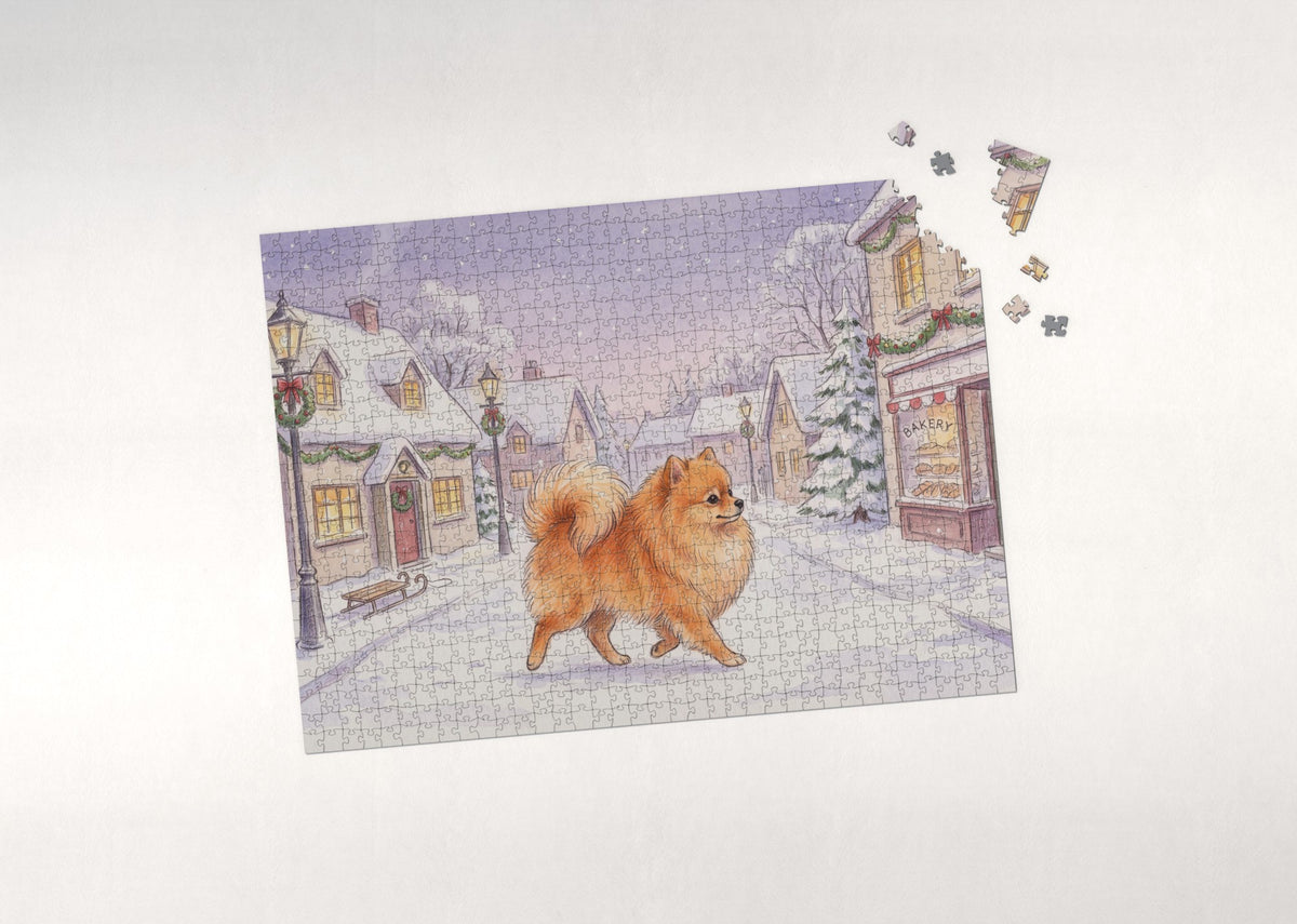 Pomeranian on the Winter Village Stroll jigsaw puzzle - puzzle with loose pieces