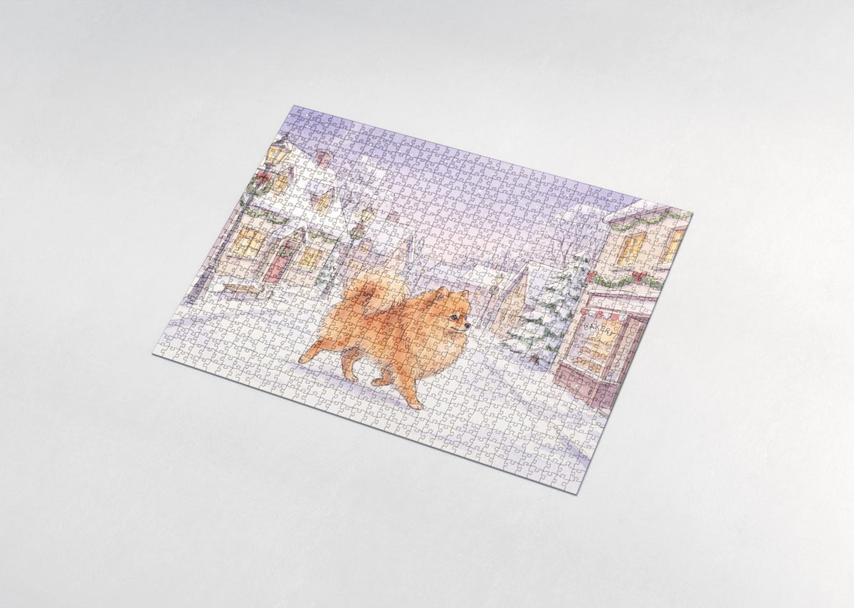 Pomeranian on the Winter Village Stroll jigsaw puzzle - assembled puzzle