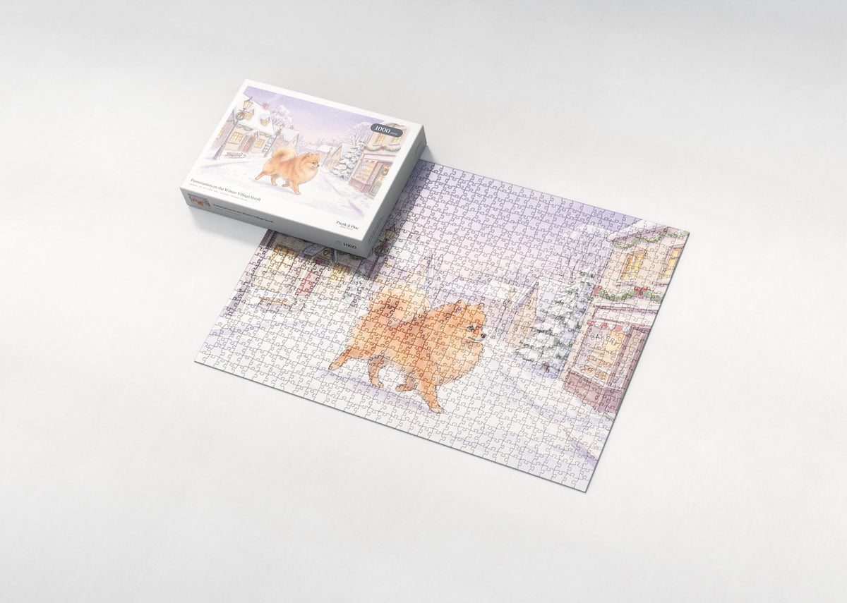 Pomeranian on the Winter Village Stroll jigsaw puzzle - box and puzzle
