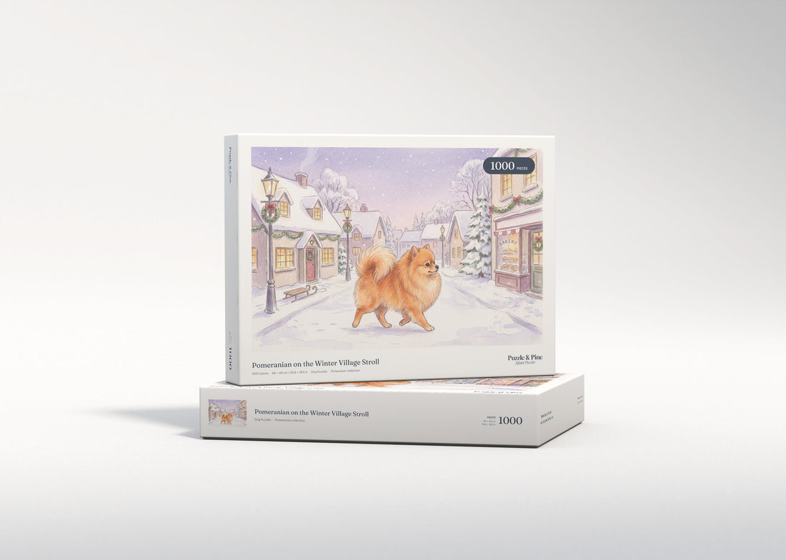Pomeranian on the Winter Village Stroll jigsaw puzzle - gift box