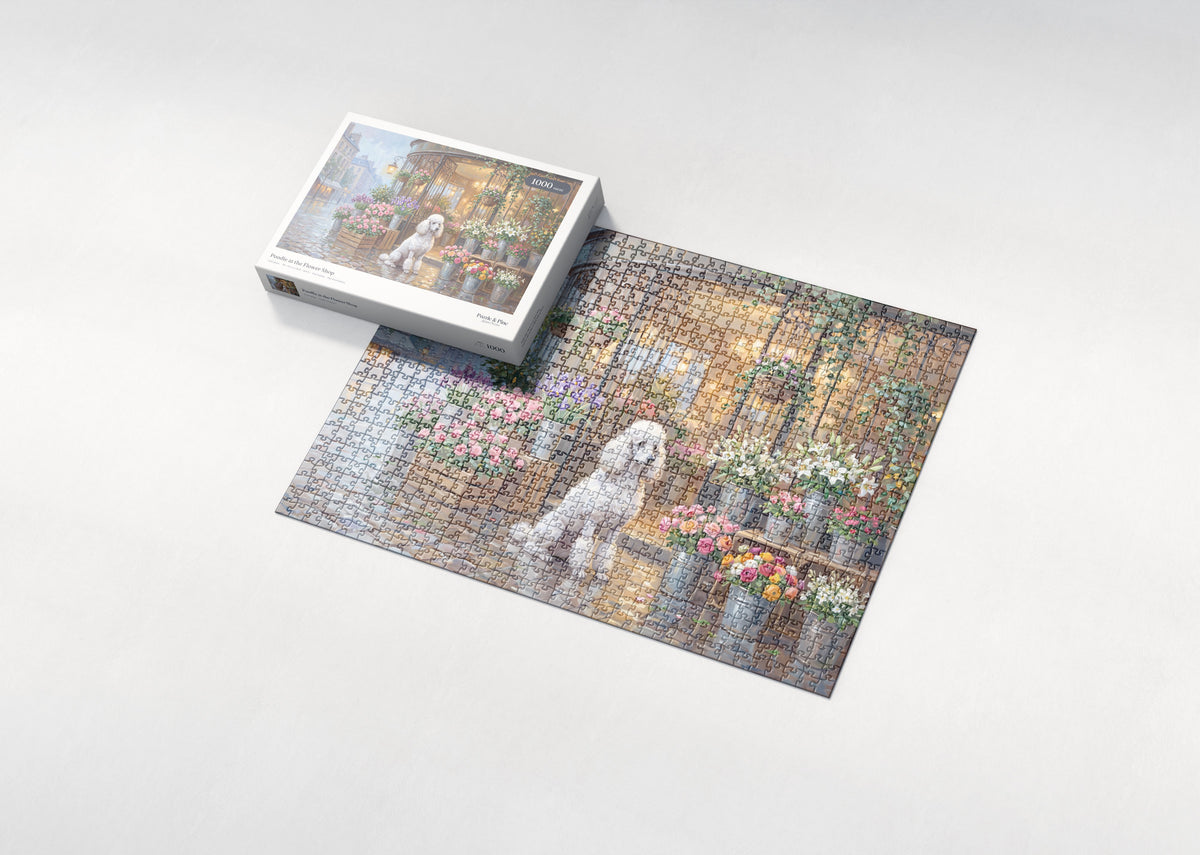 Poodle at the Flower Shop jigsaw puzzle - box and puzzle