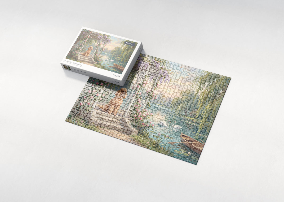 Poodle at the Lakeside Gazebo jigsaw puzzle - box and puzzle