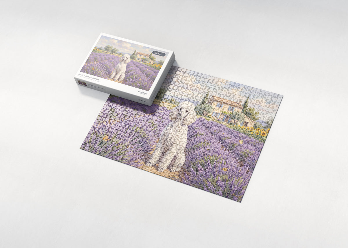 Poodle in the Lavender Field jigsaw puzzle - box and puzzle