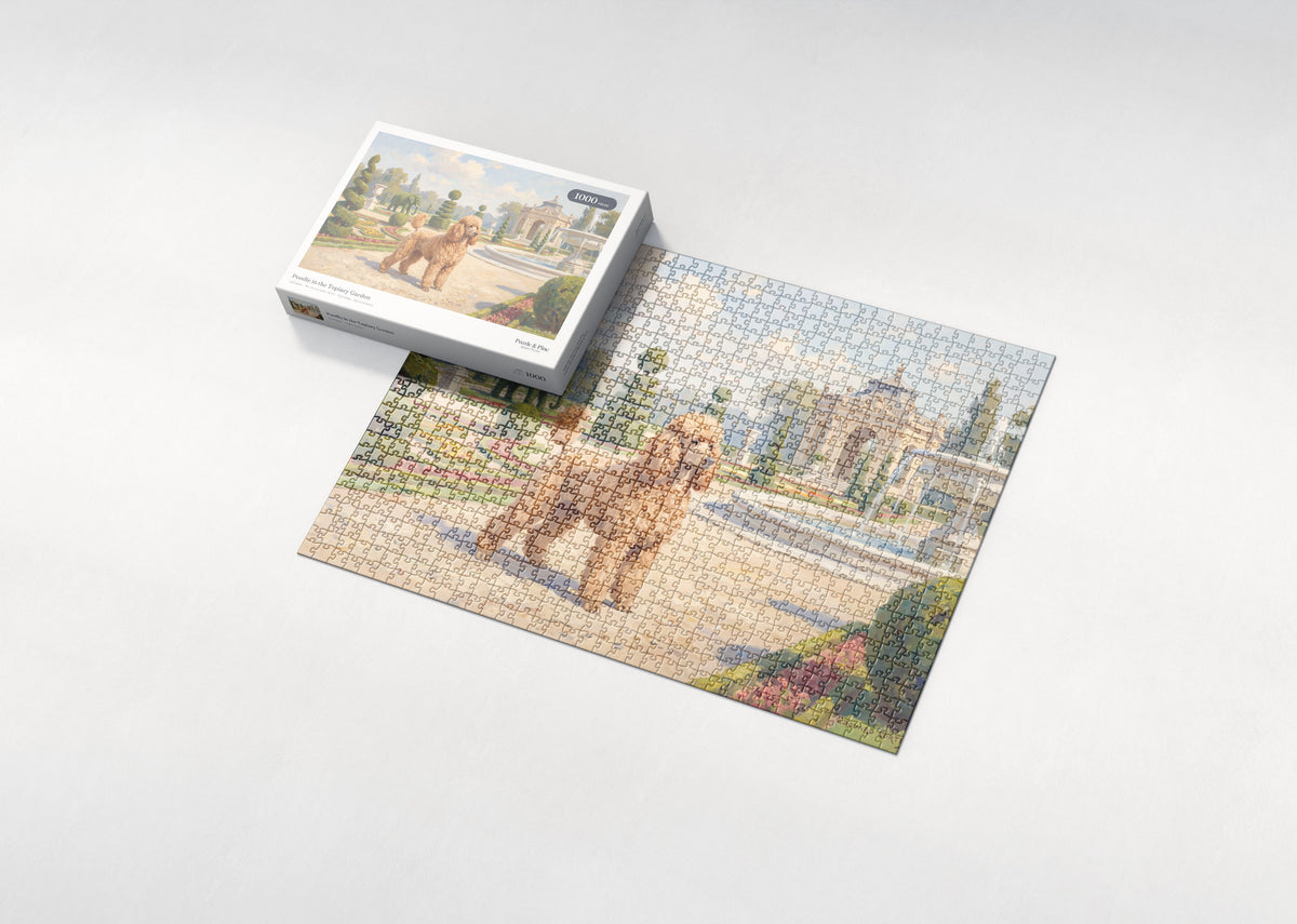 Poodle in the Topiary Garden jigsaw puzzle - box and puzzle