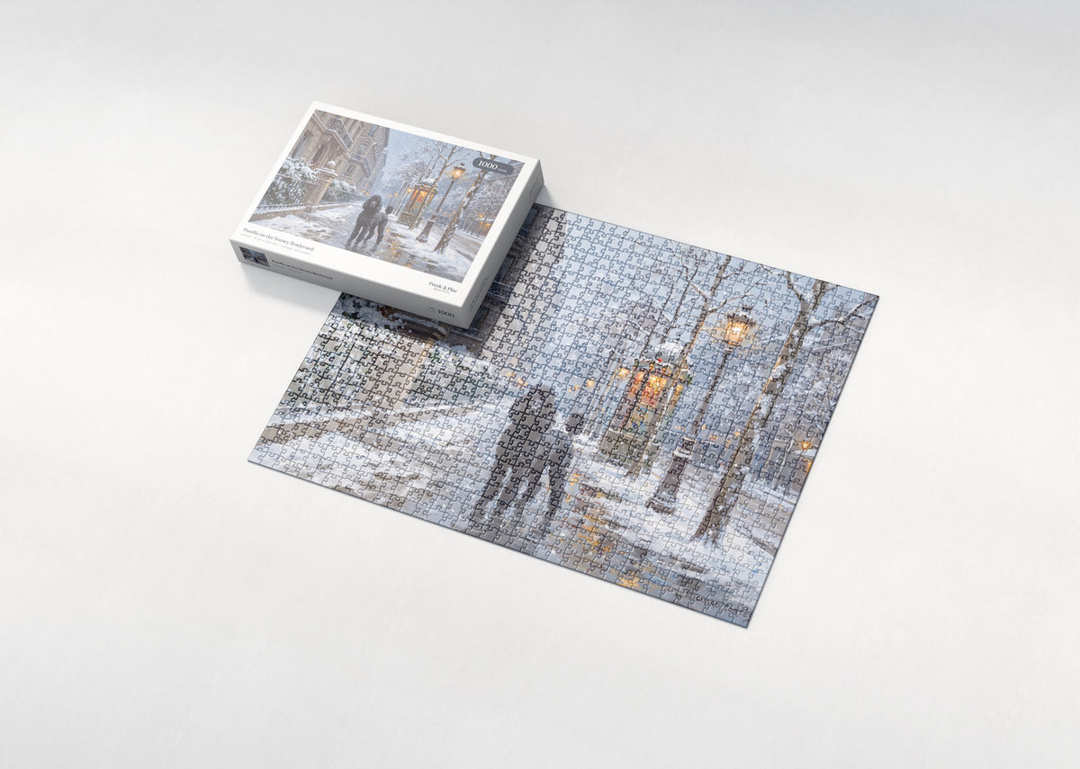 Poodle on the Snowy Boulevard jigsaw puzzle - box and puzzle