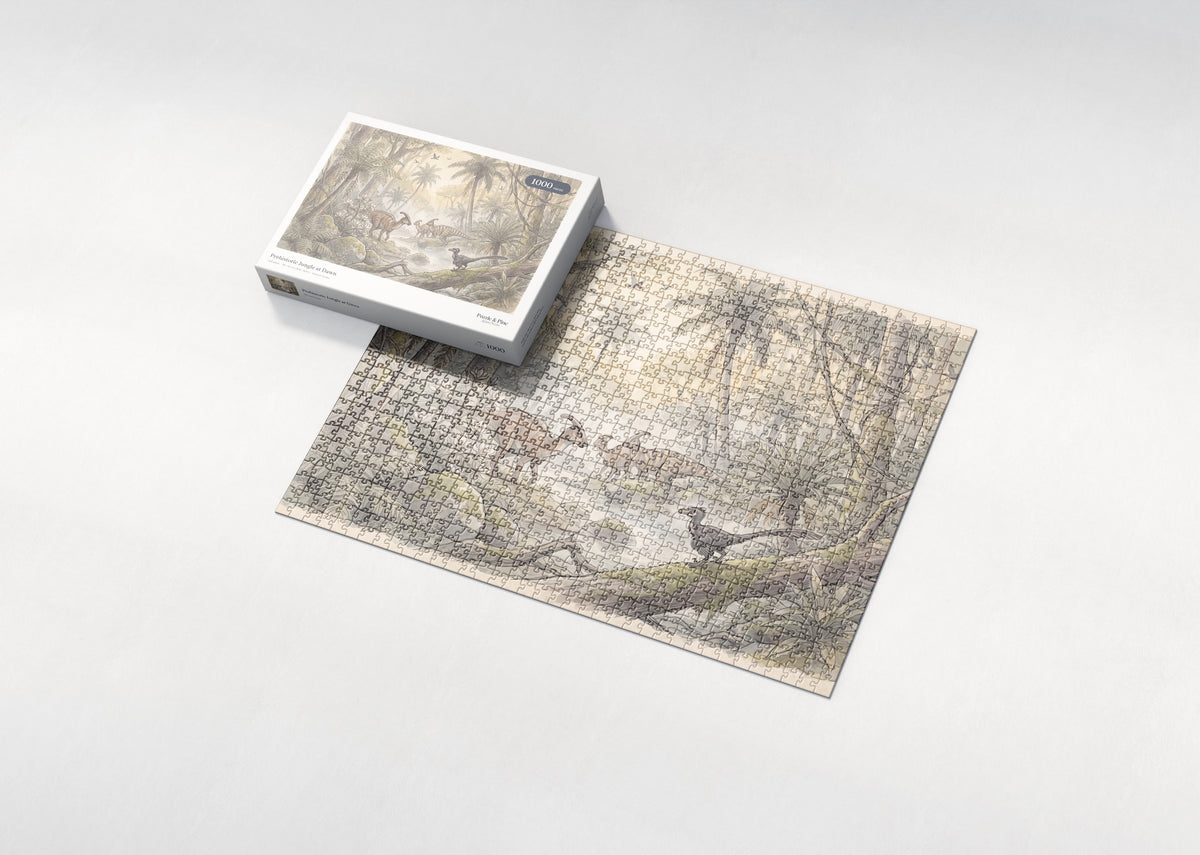 Prehistoric Jungle at Dawn jigsaw puzzle - box and puzzle