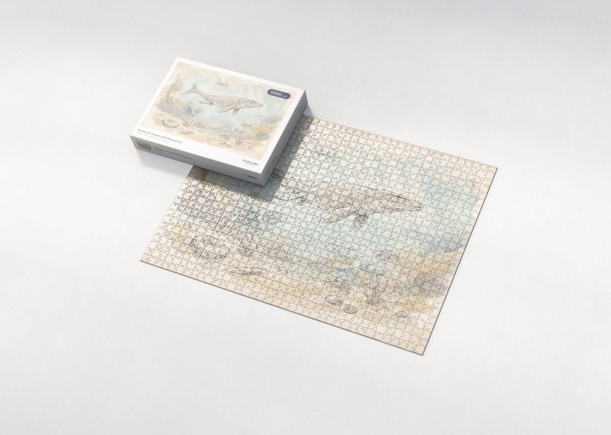 Prehistoric Ocean with Mosasaurus jigsaw puzzle - box and puzzle