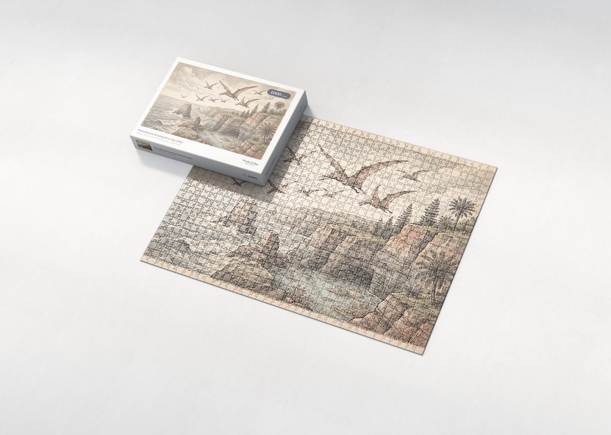 Pterodactyls Soaring Over the Cliffs jigsaw puzzle - box and puzzle