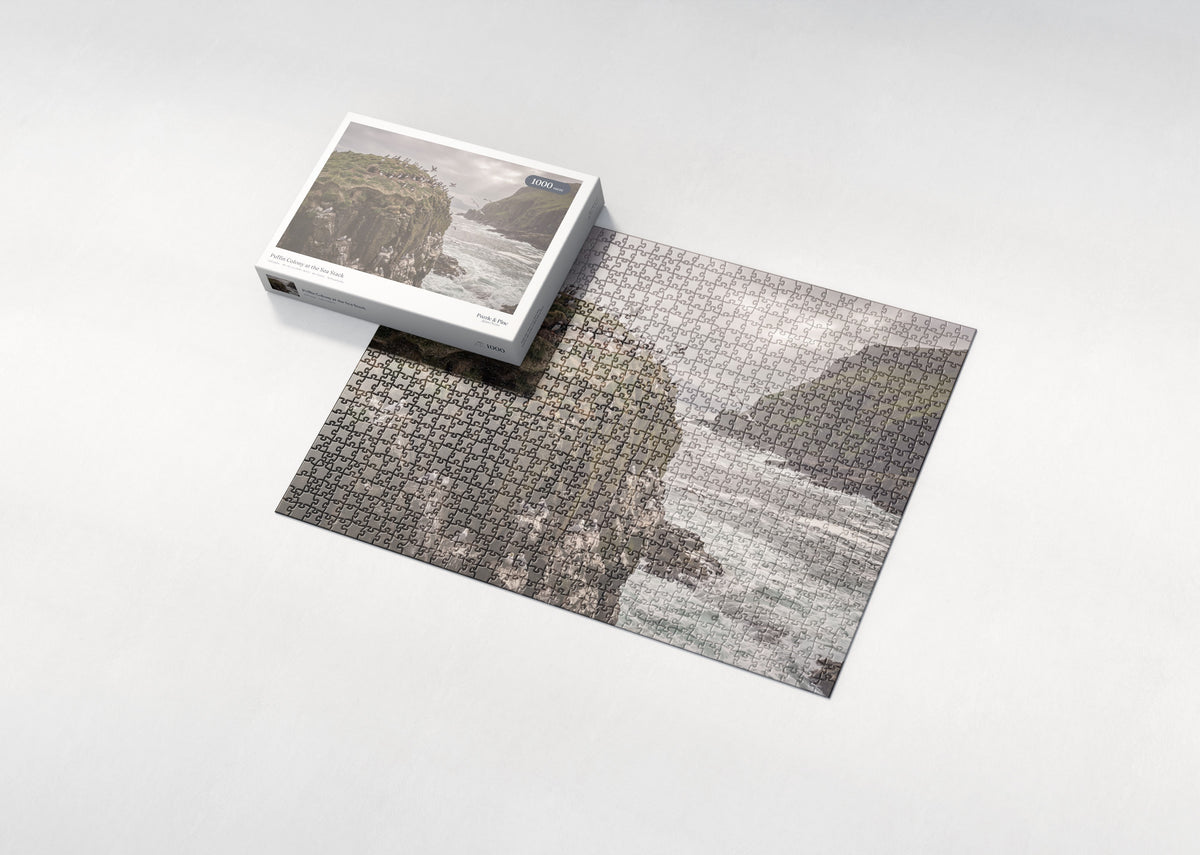 Puffin Colony at the Sea Stack jigsaw puzzle - box and puzzle