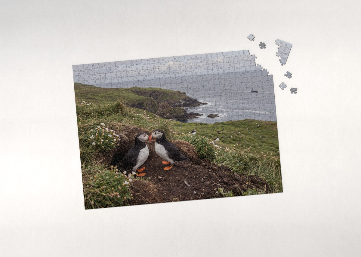 Puffin Pair at the Burrow jigsaw puzzle - puzzle with loose pieces