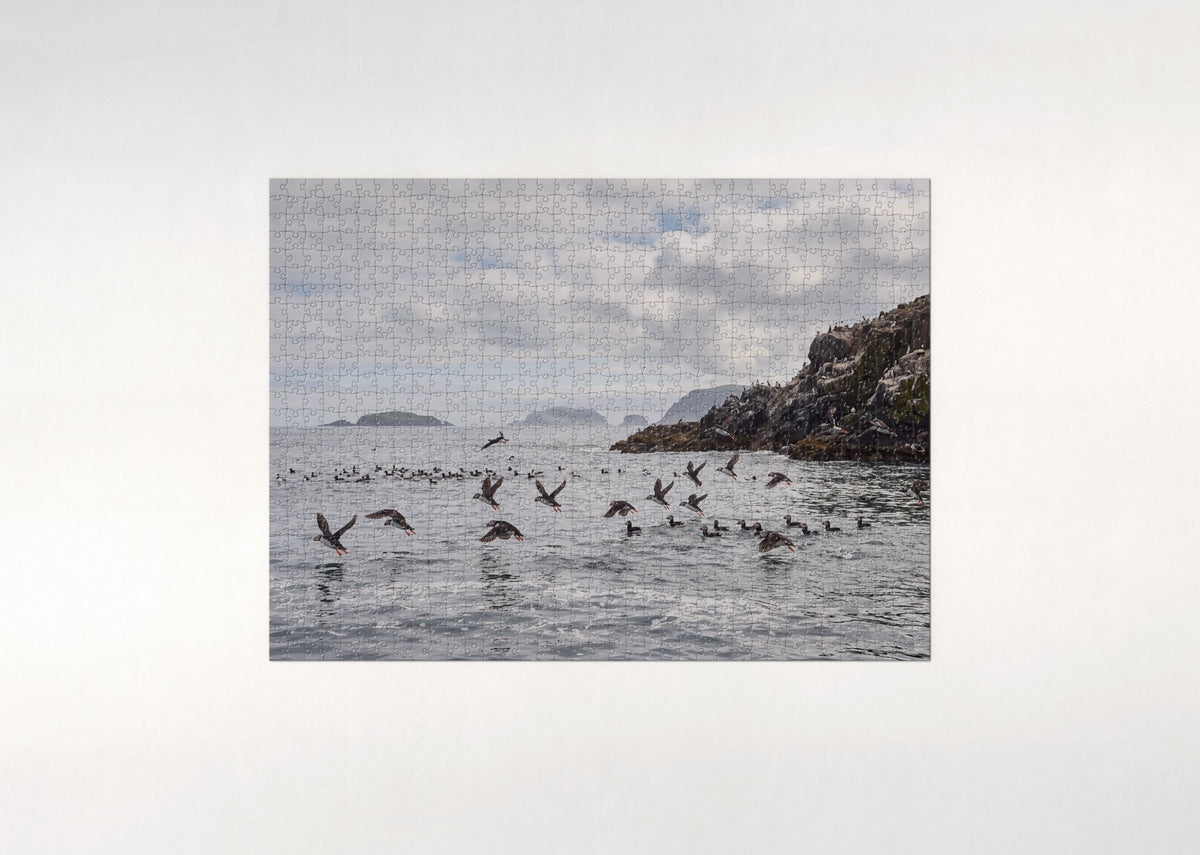 Puffins Over the Summer Sea jigsaw puzzle - flat puzzle