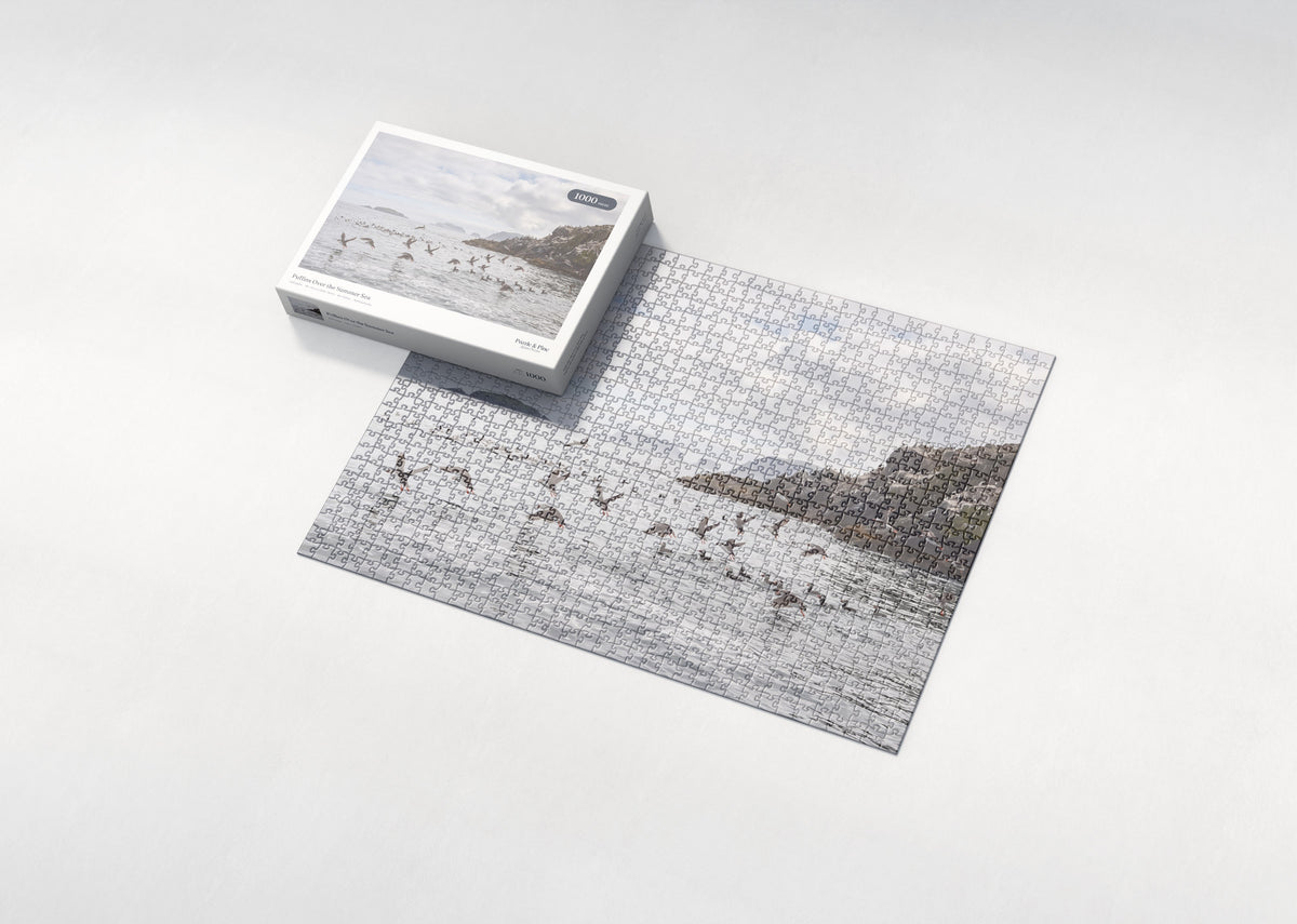 Puffins Over the Summer Sea jigsaw puzzle - box and puzzle