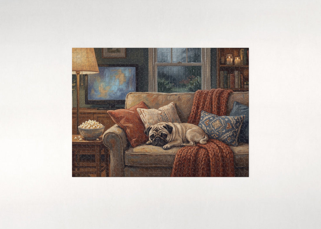 Pug at the Rainy Day Movie Night jigsaw puzzle - gift box