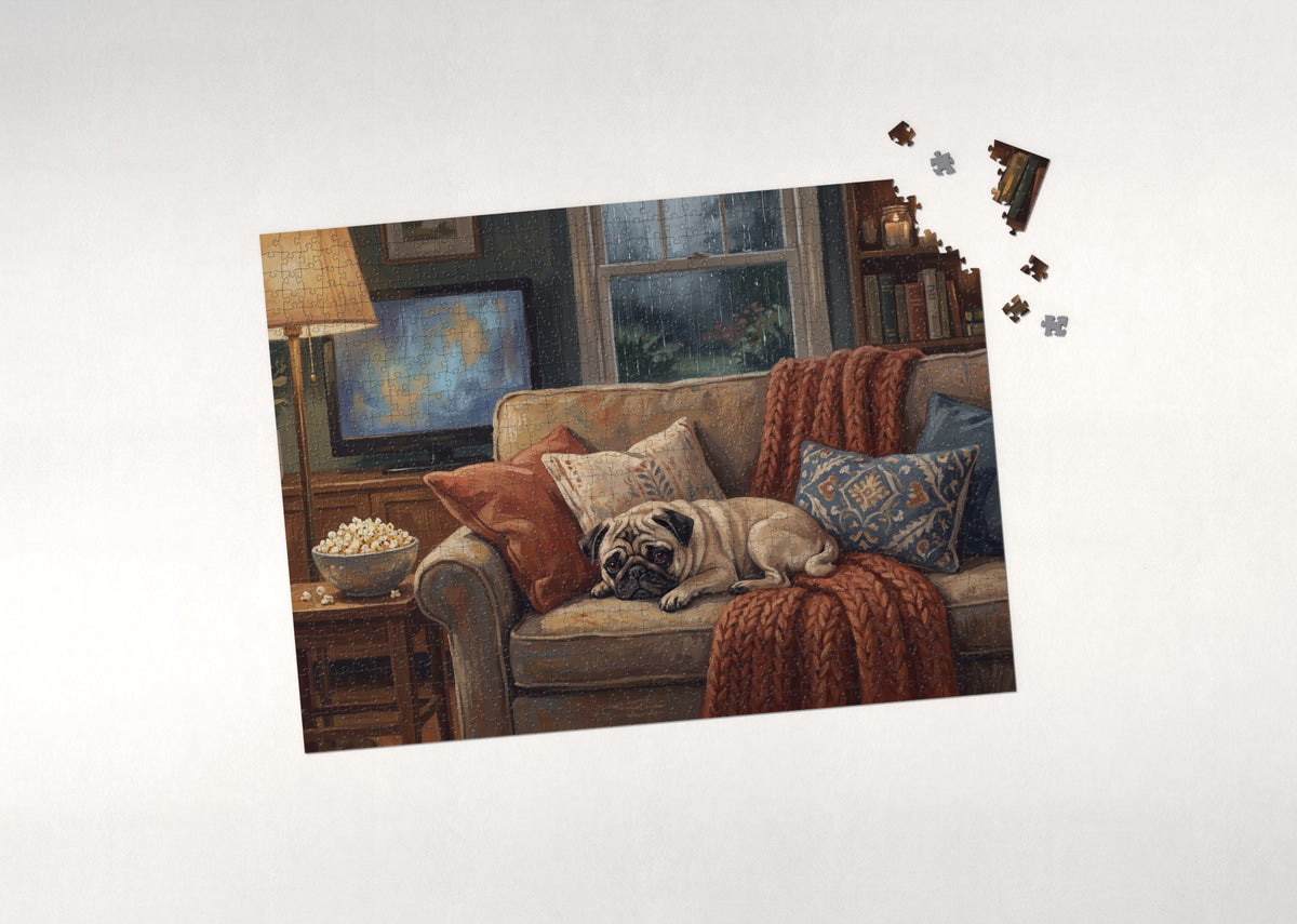 Pug at the Rainy Day Movie Night jigsaw puzzle - puzzle with loose pieces