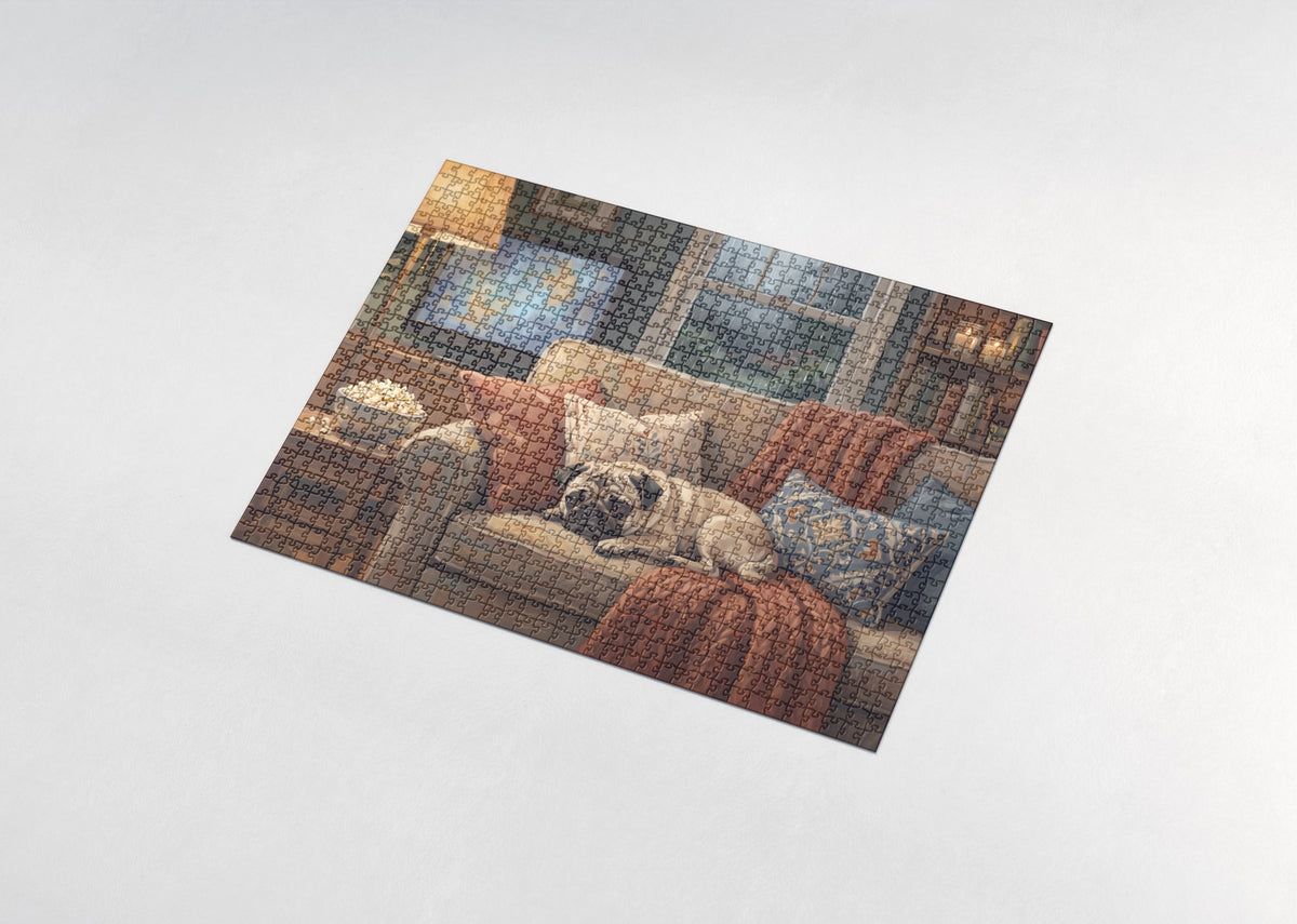 Pug at the Rainy Day Movie Night jigsaw puzzle - assembled puzzle