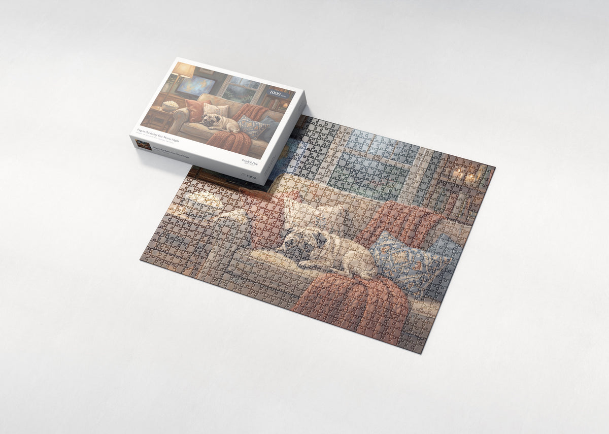 Pug at the Rainy Day Movie Night jigsaw puzzle - box and puzzle