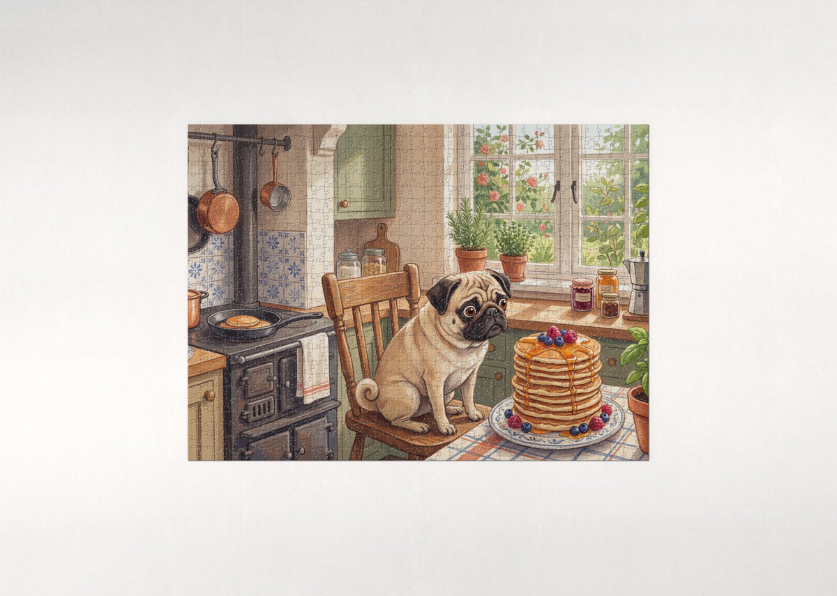 Pug at the Sunday Pancake Kitchen jigsaw puzzle - flat puzzle