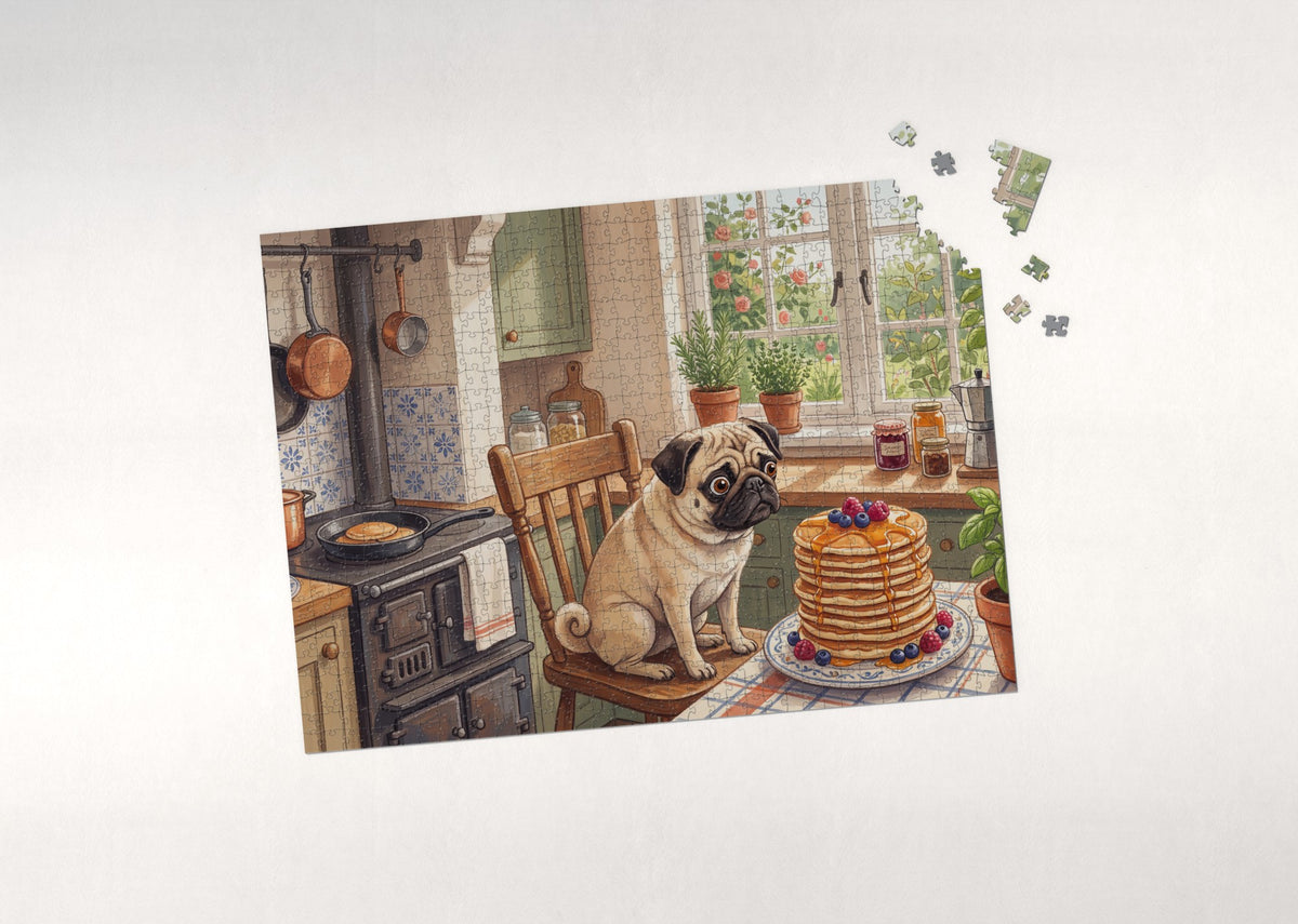 Pug at the Sunday Pancake Kitchen jigsaw puzzle - puzzle with loose pieces