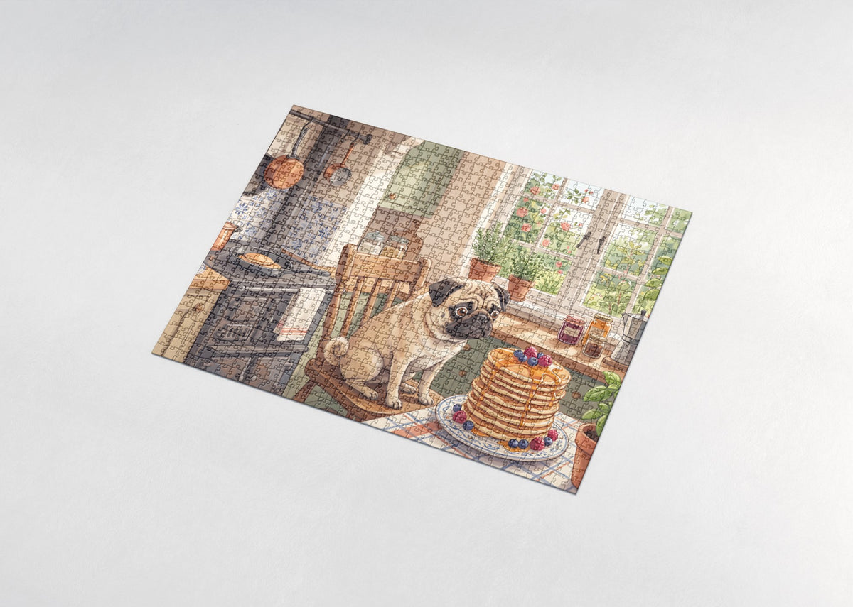 Pug at the Sunday Pancake Kitchen jigsaw puzzle - assembled puzzle