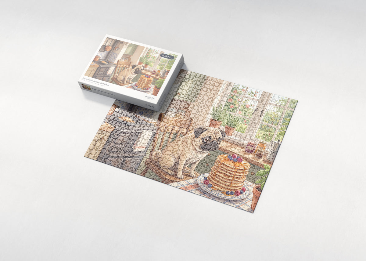 Pug at the Sunday Pancake Kitchen jigsaw puzzle - box and puzzle