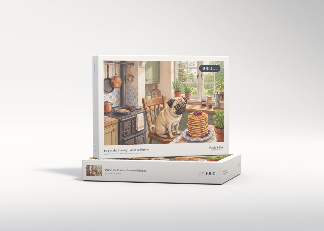 Pug at the Sunday Pancake Kitchen jigsaw puzzle - gift box