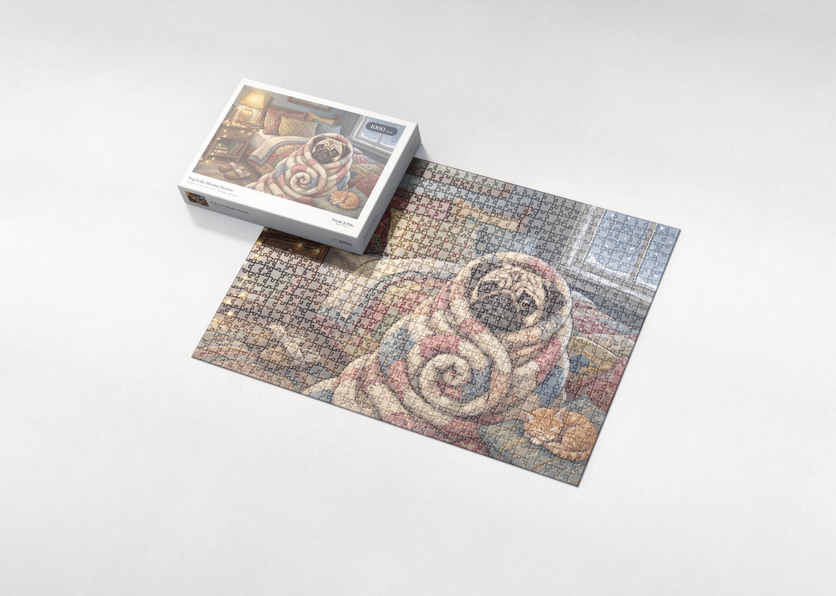 Pug in the Blanket Burrito jigsaw puzzle - box and puzzle