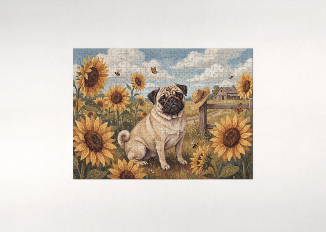 Pug in the Sunflower Field jigsaw puzzle - gift box