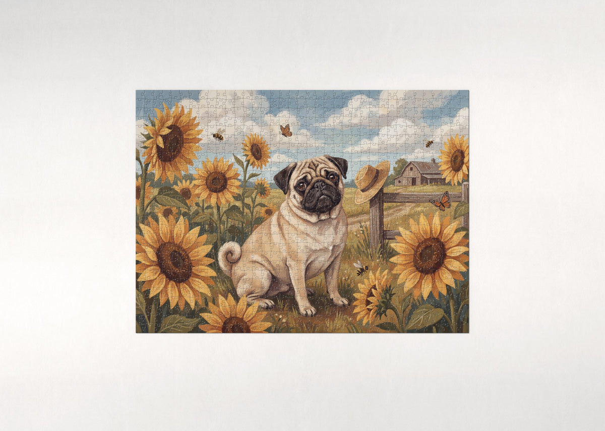 Pug in the Sunflower Field jigsaw puzzle - flat puzzle