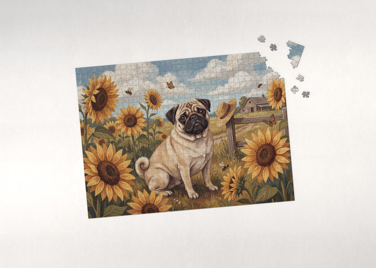 Pug in the Sunflower Field jigsaw puzzle - puzzle with loose pieces
