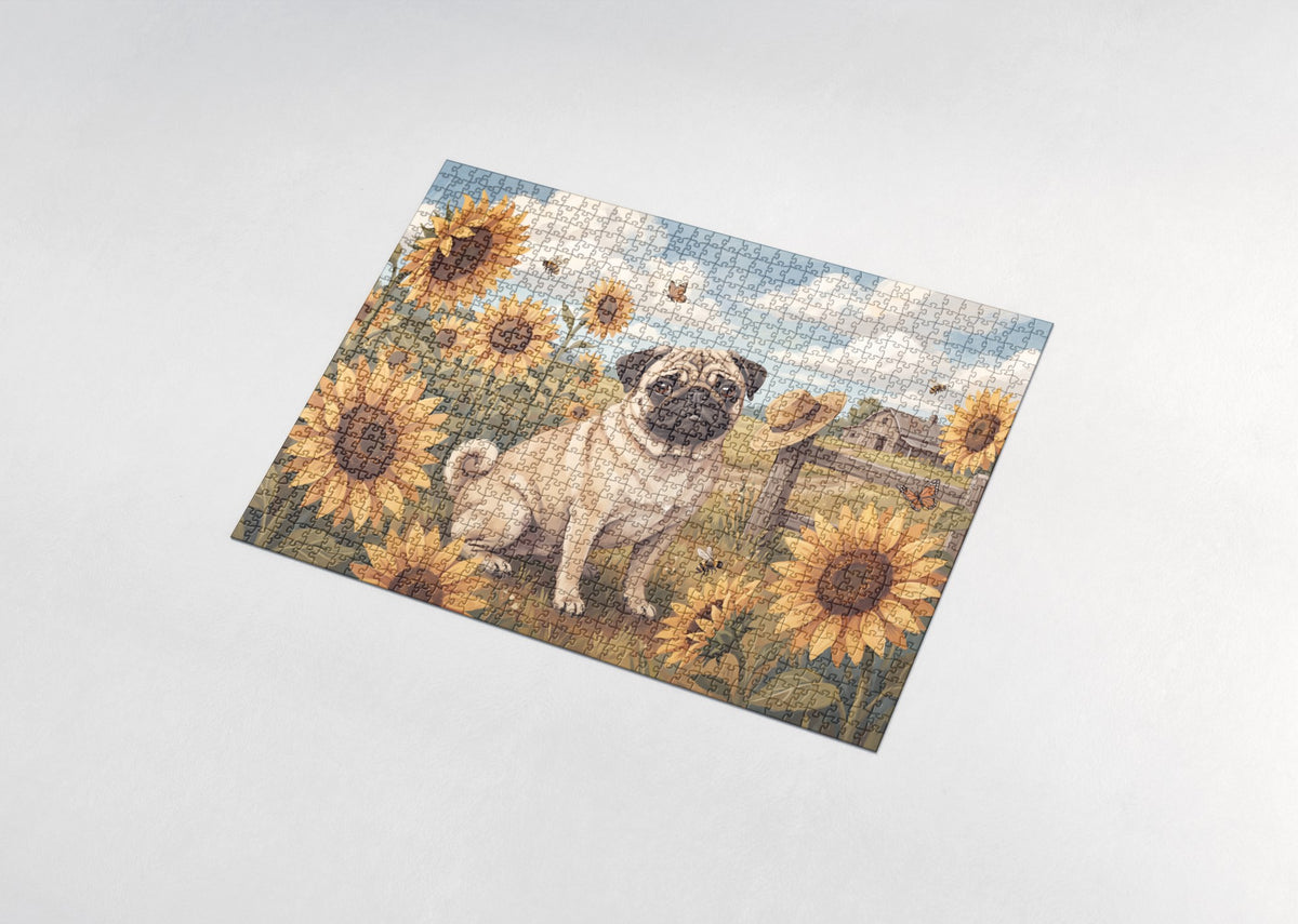 Pug in the Sunflower Field jigsaw puzzle - assembled puzzle