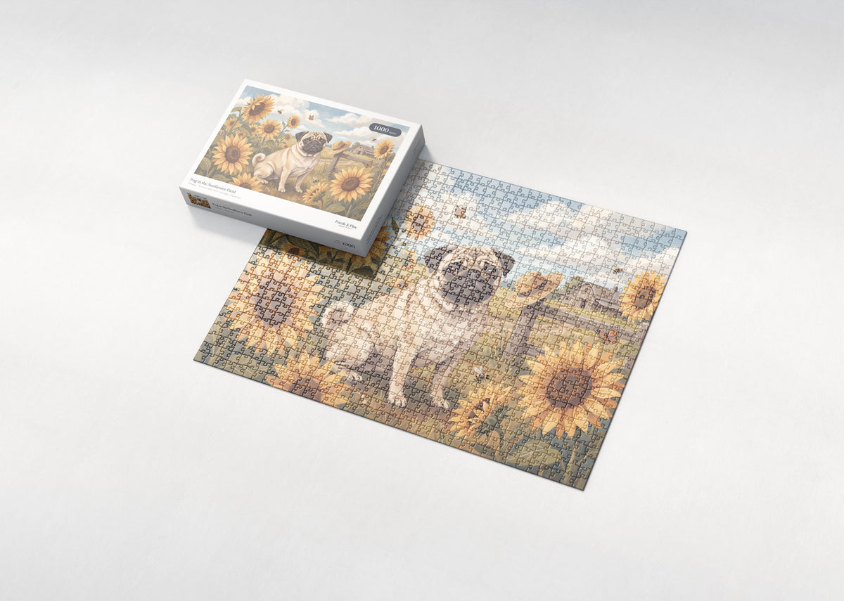 Pug in the Sunflower Field jigsaw puzzle - box and puzzle
