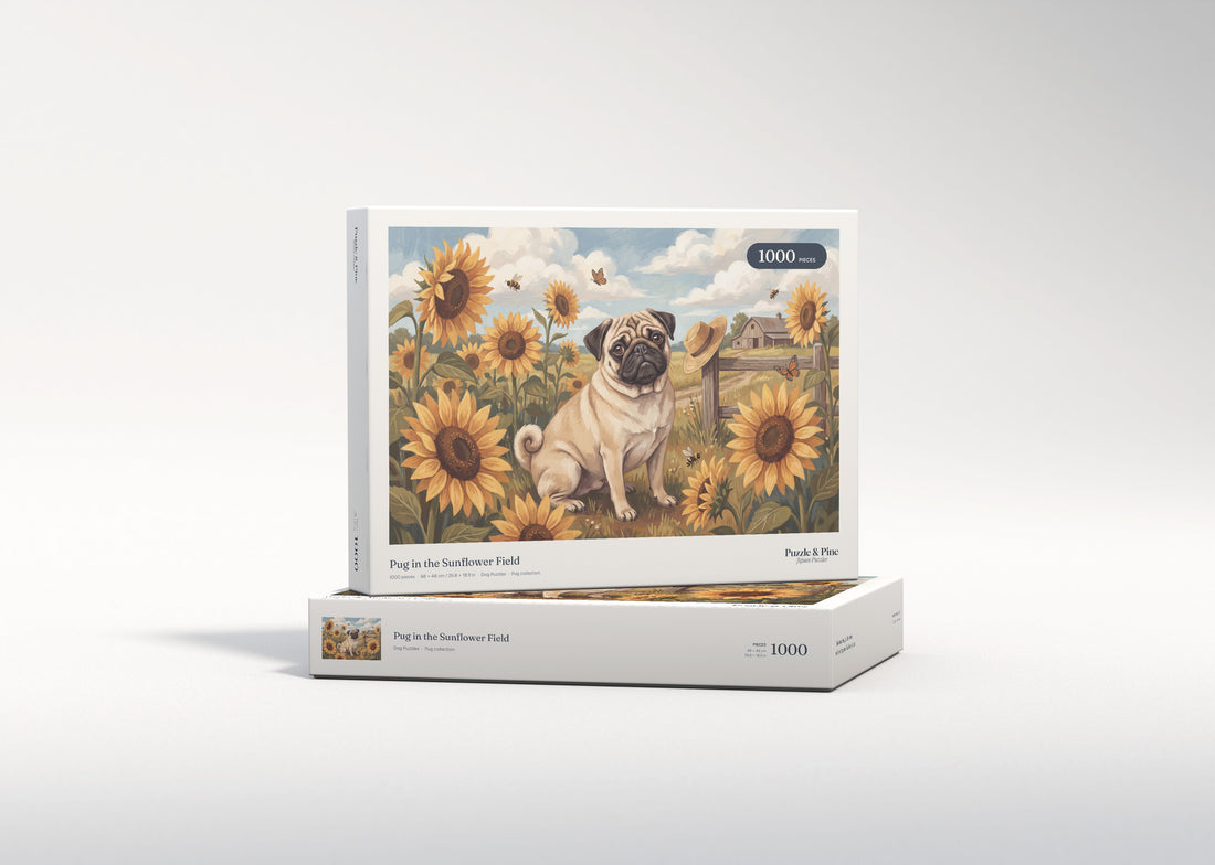 Pug in the Sunflower Field jigsaw puzzle - gift box