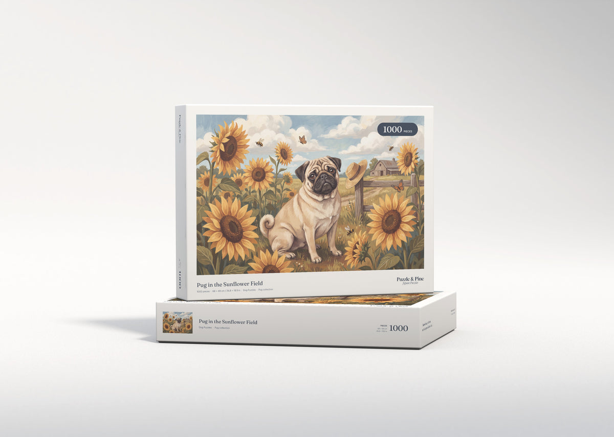 Pug in the Sunflower Field jigsaw puzzle - gift box