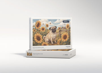 Pug in the Sunflower Field jigsaw puzzle - gift box