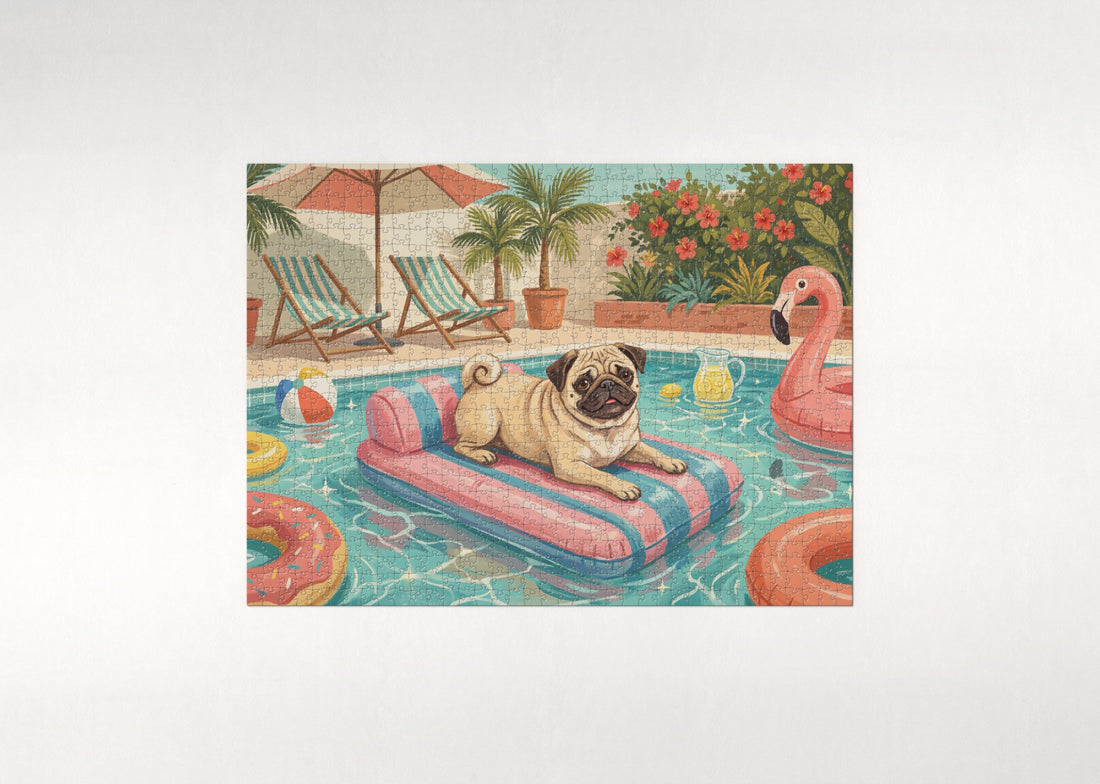 Pug on the Poolside Float jigsaw puzzle - gift box