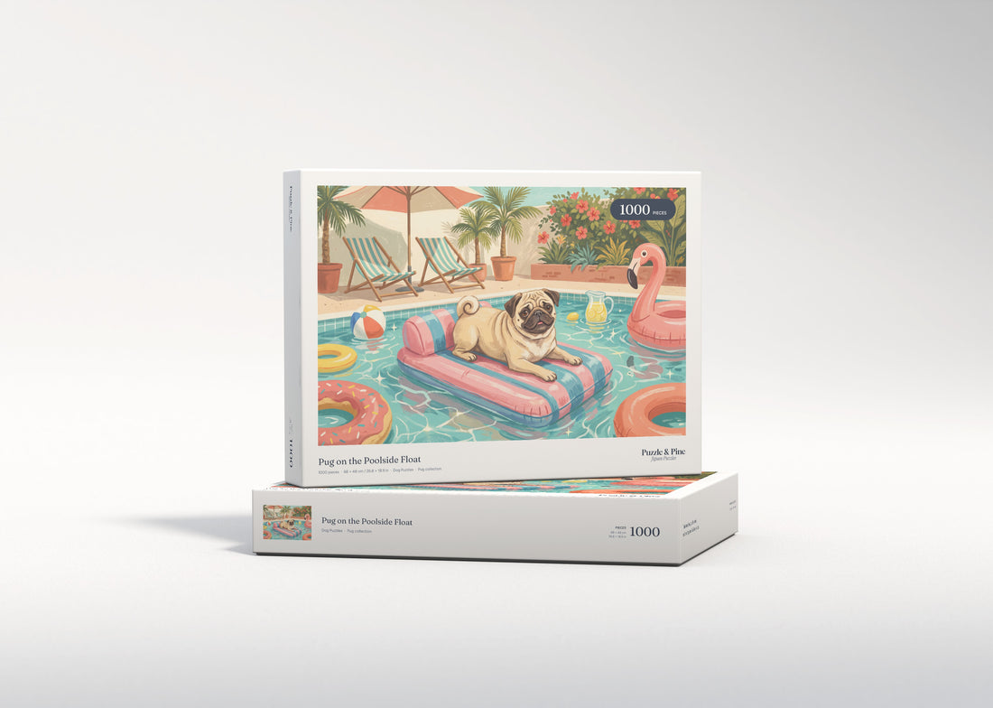 Pug on the Poolside Float jigsaw puzzle - gift box