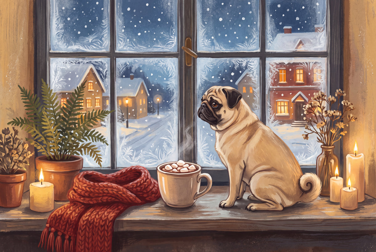 Pug with Winter Cocoa at the Window jigsaw puzzle