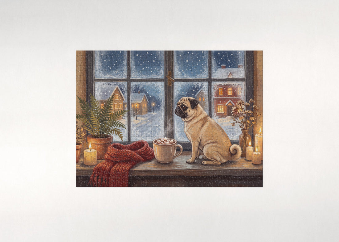 Pug with Winter Cocoa at the Window jigsaw puzzle - gift box