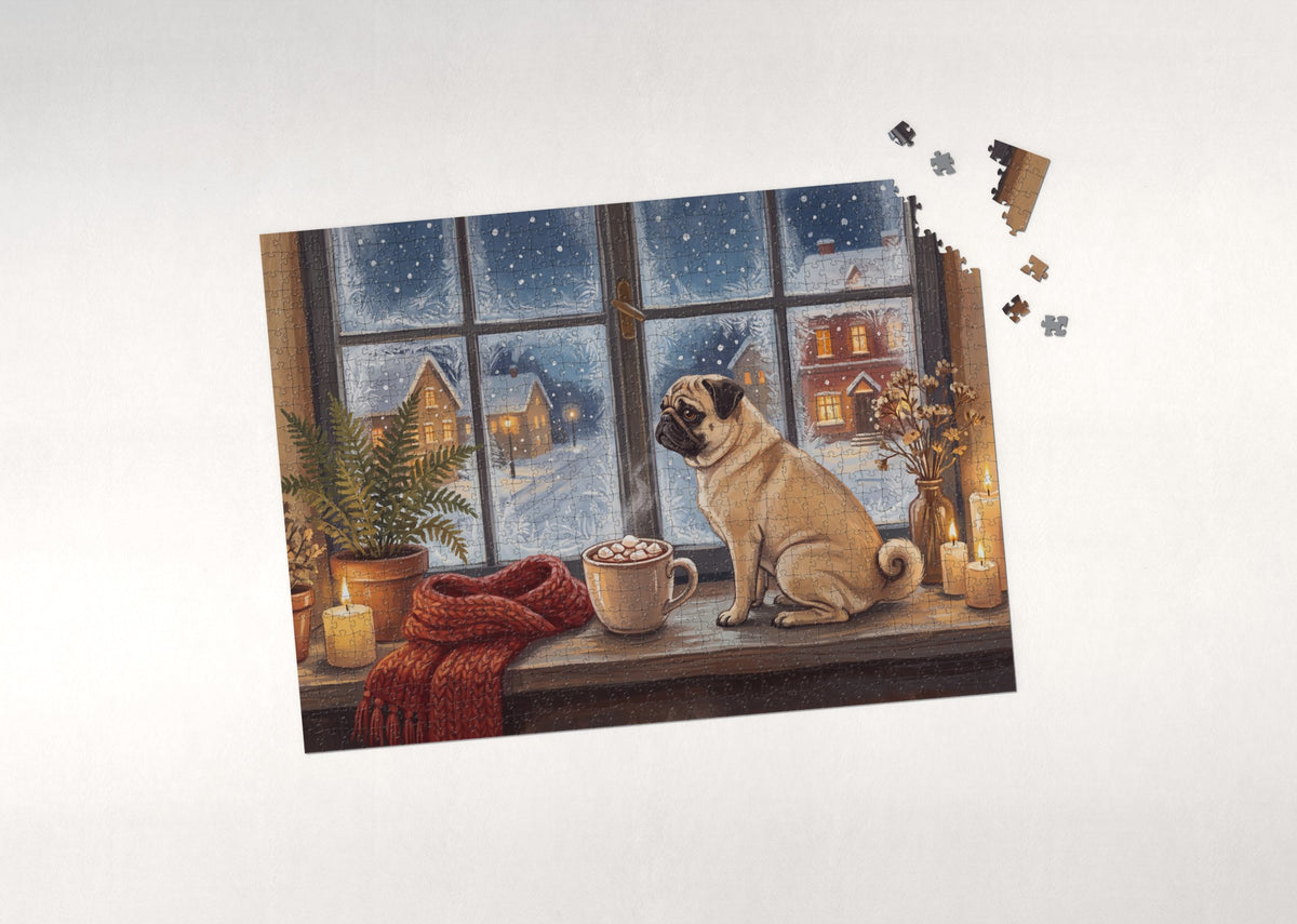 Pug with Winter Cocoa at the Window jigsaw puzzle - puzzle with loose pieces