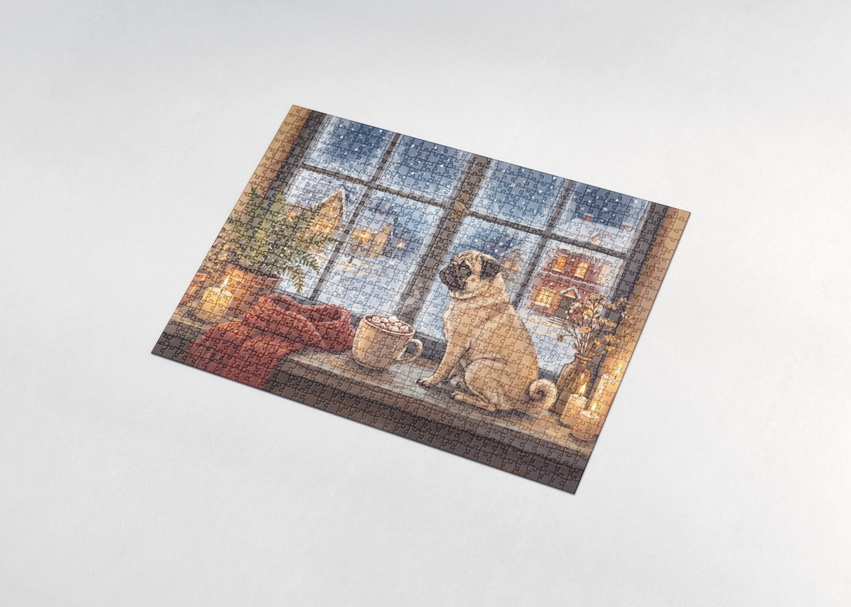 Pug with Winter Cocoa at the Window jigsaw puzzle - assembled puzzle
