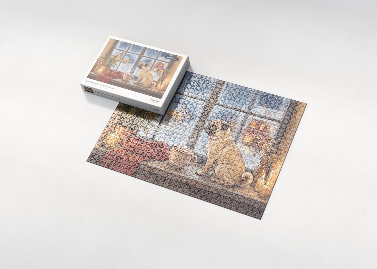Pug with Winter Cocoa at the Window jigsaw puzzle - box and puzzle