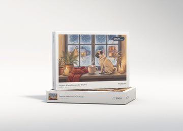 Pug with Winter Cocoa at the Window jigsaw puzzle - gift box