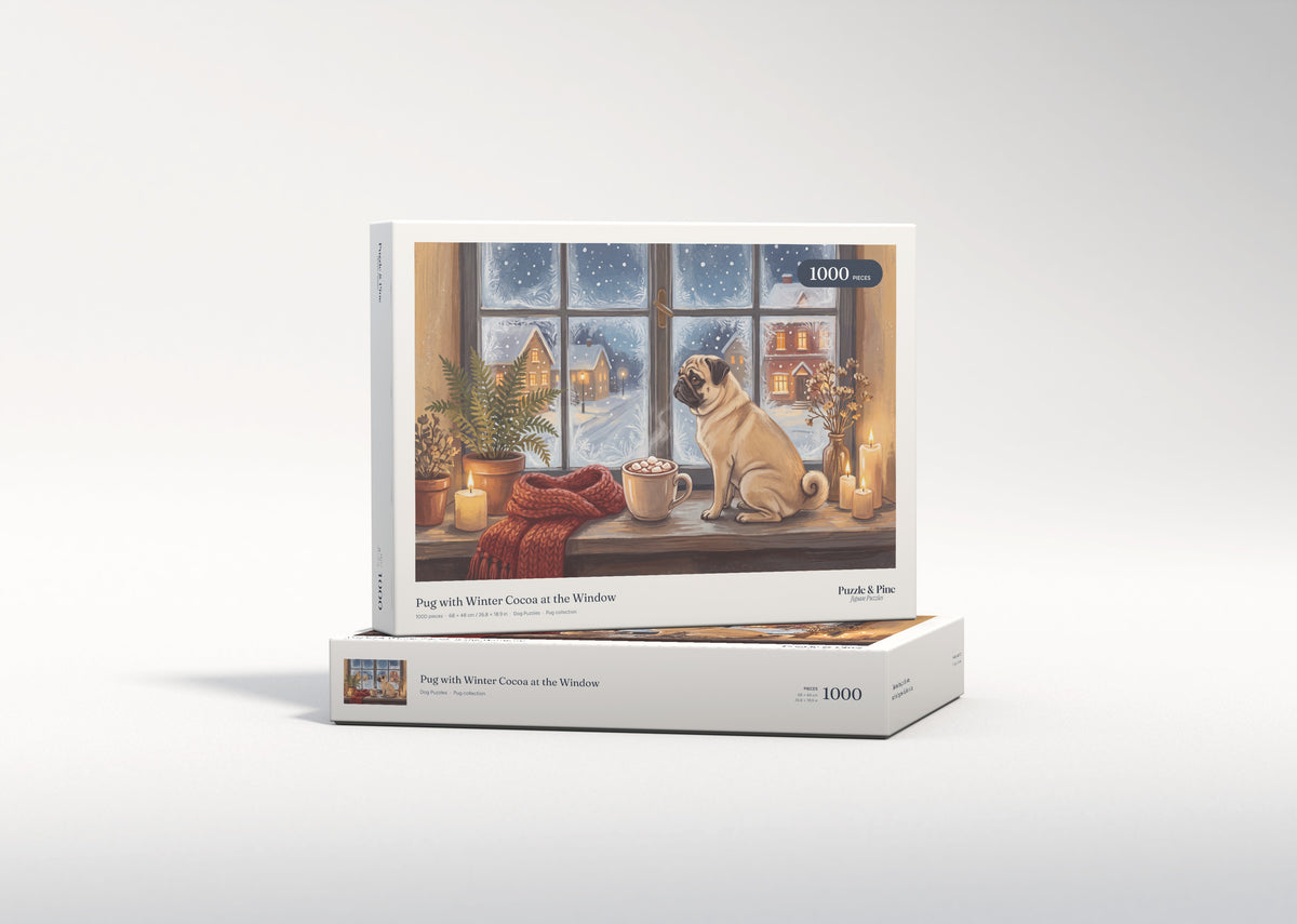 Pug with Winter Cocoa at the Window jigsaw puzzle - gift box