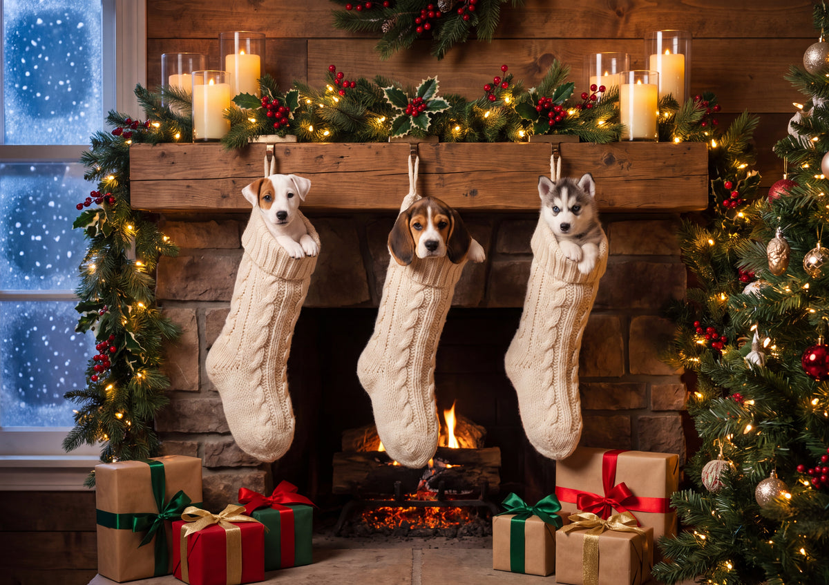Puppies in the Christmas Stockings jigsaw puzzle