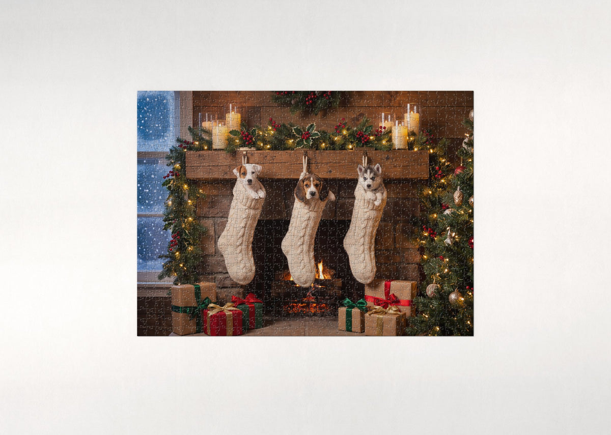 Puppies in the Christmas Stockings jigsaw puzzle - flat puzzle
