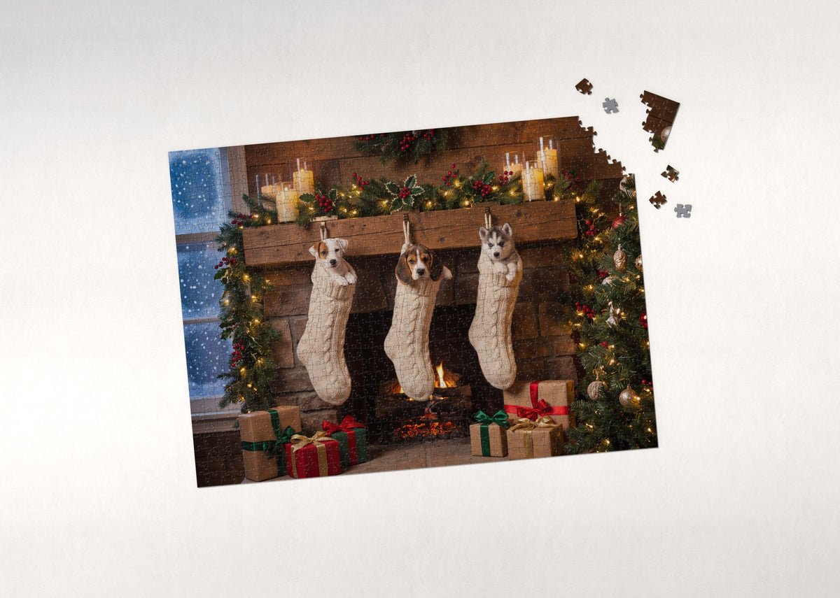 Puppies in the Christmas Stockings jigsaw puzzle - puzzle with loose pieces