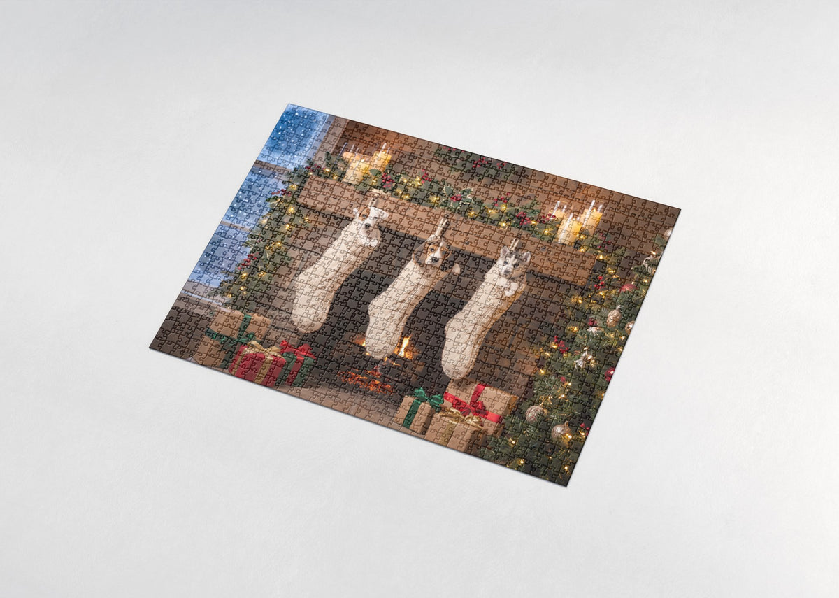 Puppies in the Christmas Stockings jigsaw puzzle - assembled puzzle
