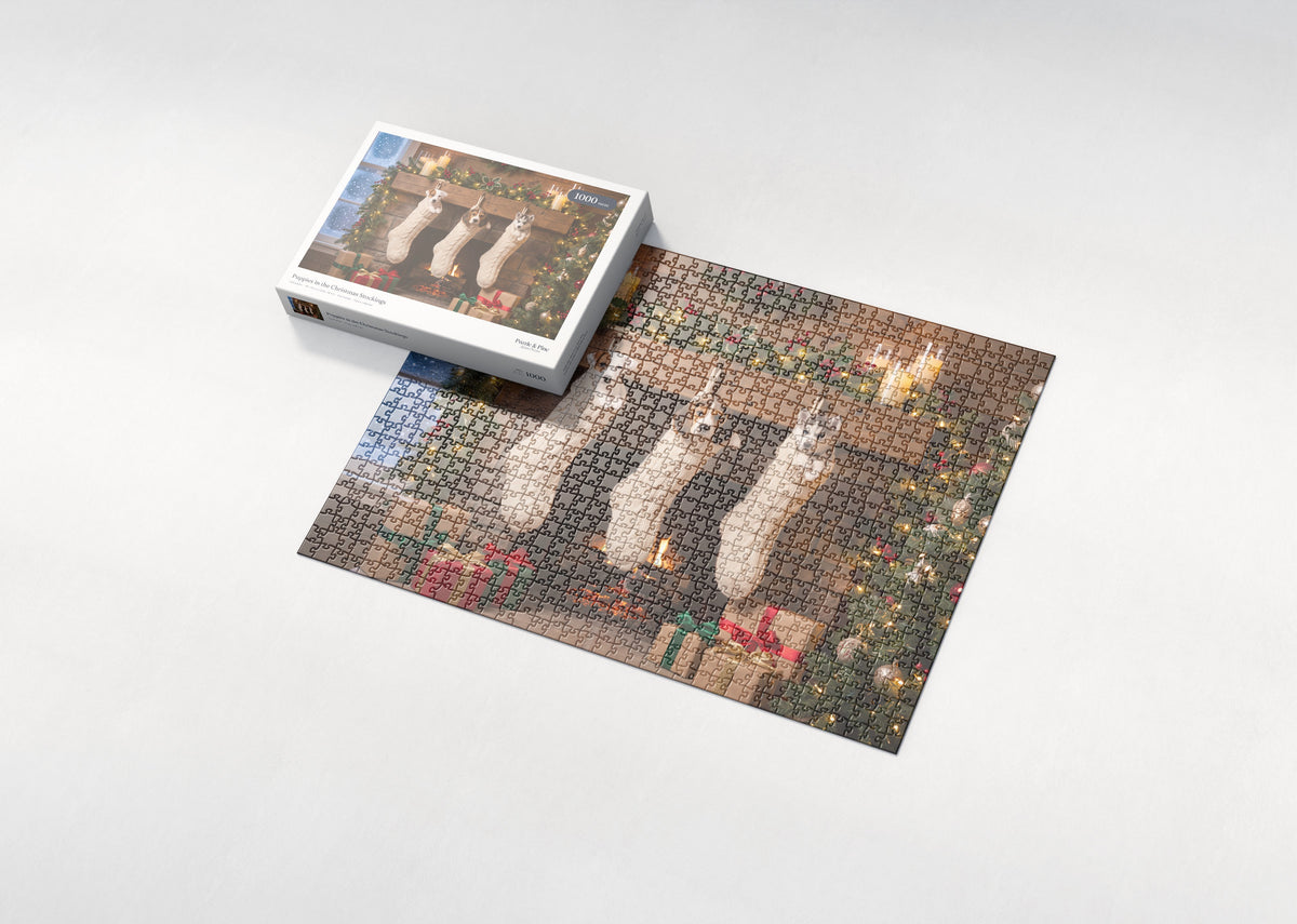 Puppies in the Christmas Stockings jigsaw puzzle - box and puzzle