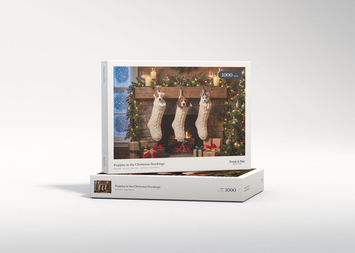 Puppies in the Christmas Stockings jigsaw puzzle - gift box